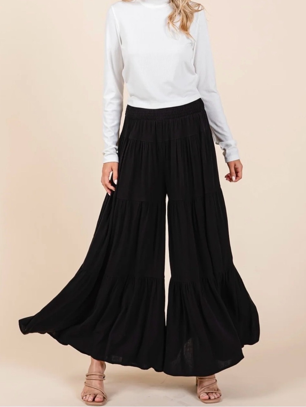 Mittoshop Tier Detail Smocked Elastic Waist Wide Leg Pants